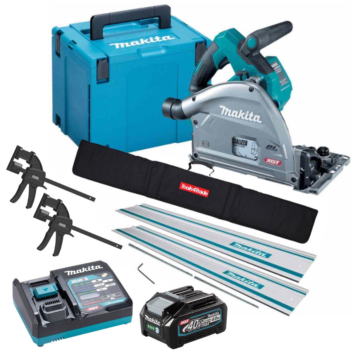 SP001GZ03KIT4 40V Brushless Plunge Saw with 2 x Guide Rail, Connector, Clamp Set & 1 x 4.0Ah Battery Charger