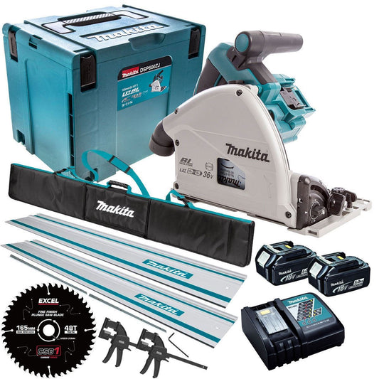 DSP600TJ 36V Brushless Plunge Saw Set 2 x 5.0Ah Batteries with Blade & Accessories